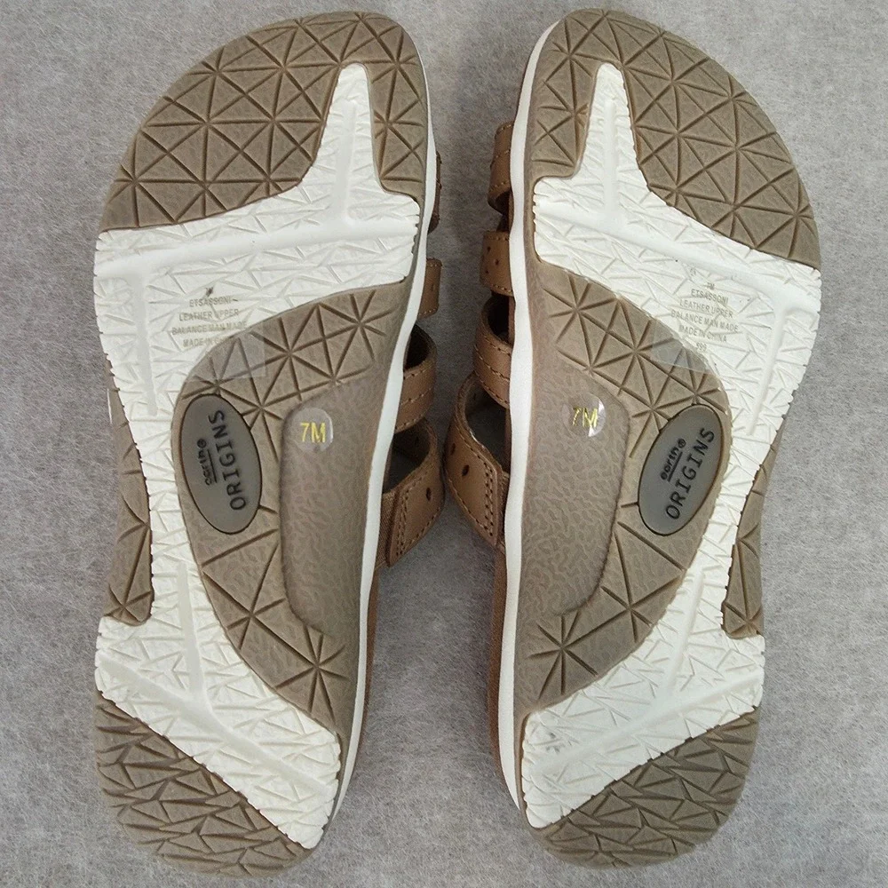 Earth Origins Leather Slip‎ On Flat Sandals Sz 7M Sassoni Comfort Casual Boho